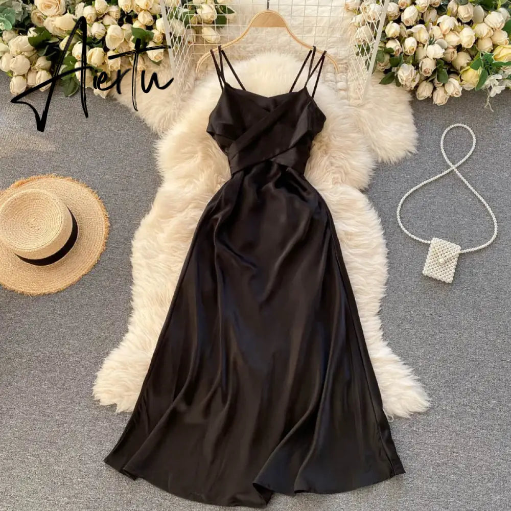 Aiertu Women Korean Strap Dress Sexy V Neck Sleeveless Elegant Solid Party Dress Summer Off Shoulder A-line Beach Midi Dress Aiertu