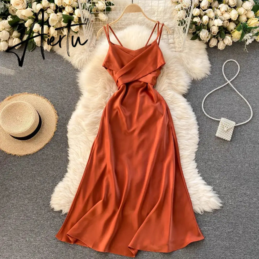 Aiertu Women Korean Strap Dress Sexy V Neck Sleeveless Elegant Solid Party Dress Summer Off Shoulder A-line Beach Midi Dress Aiertu