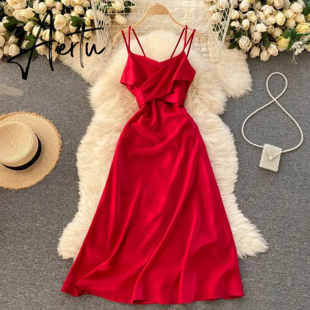 Aiertu Women Korean Strap Dress Sexy V Neck Sleeveless Elegant Solid Party Dress Summer Off Shoulder A-line Beach Midi Dress Aiertu