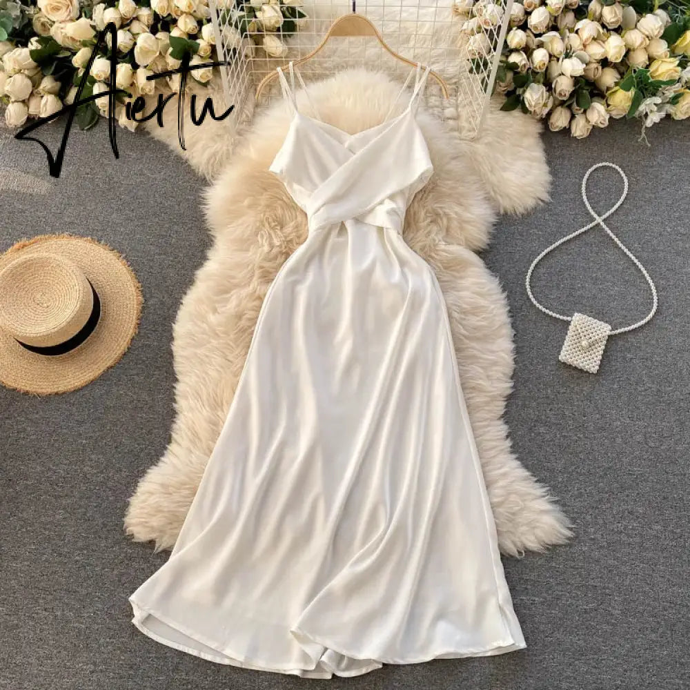 Aiertu Women Korean Strap Dress Sexy V Neck Sleeveless Elegant Solid Party Dress Summer Off Shoulder A-line Beach Midi Dress Aiertu