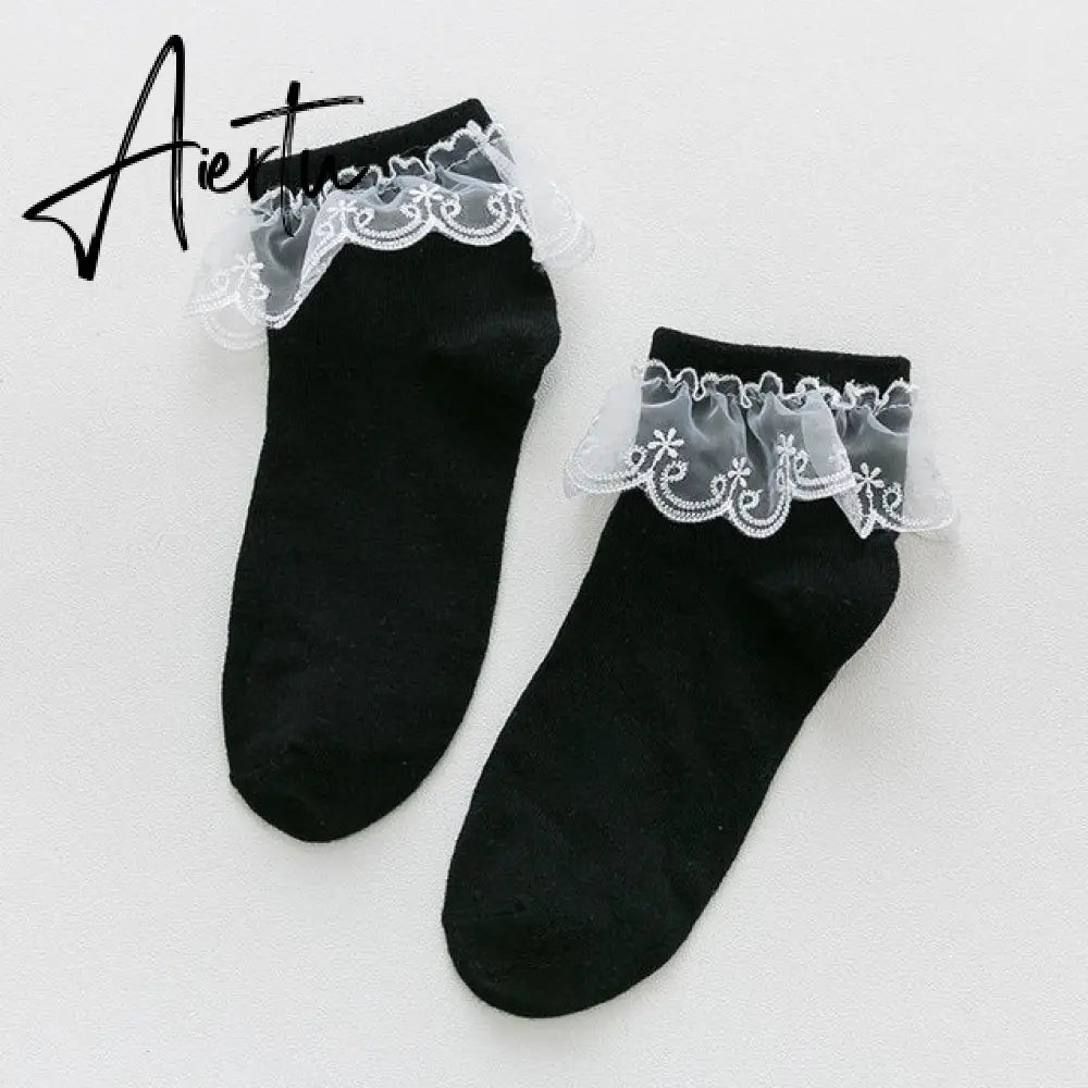 Aiertu  Women Lace Mesh Black White Cotton Socks Lolita Style Japanese Maiden Lovely Short Socks Harajuku Frilly Ruffle Princess Socks Aiertu