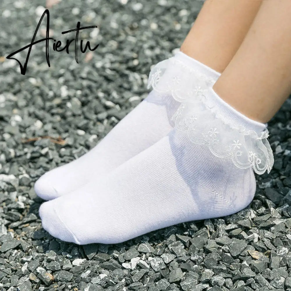 Aiertu  Women Lace Mesh Black White Cotton Socks Lolita Style Japanese Maiden Lovely Short Socks Harajuku Frilly Ruffle Princess Socks Aiertu