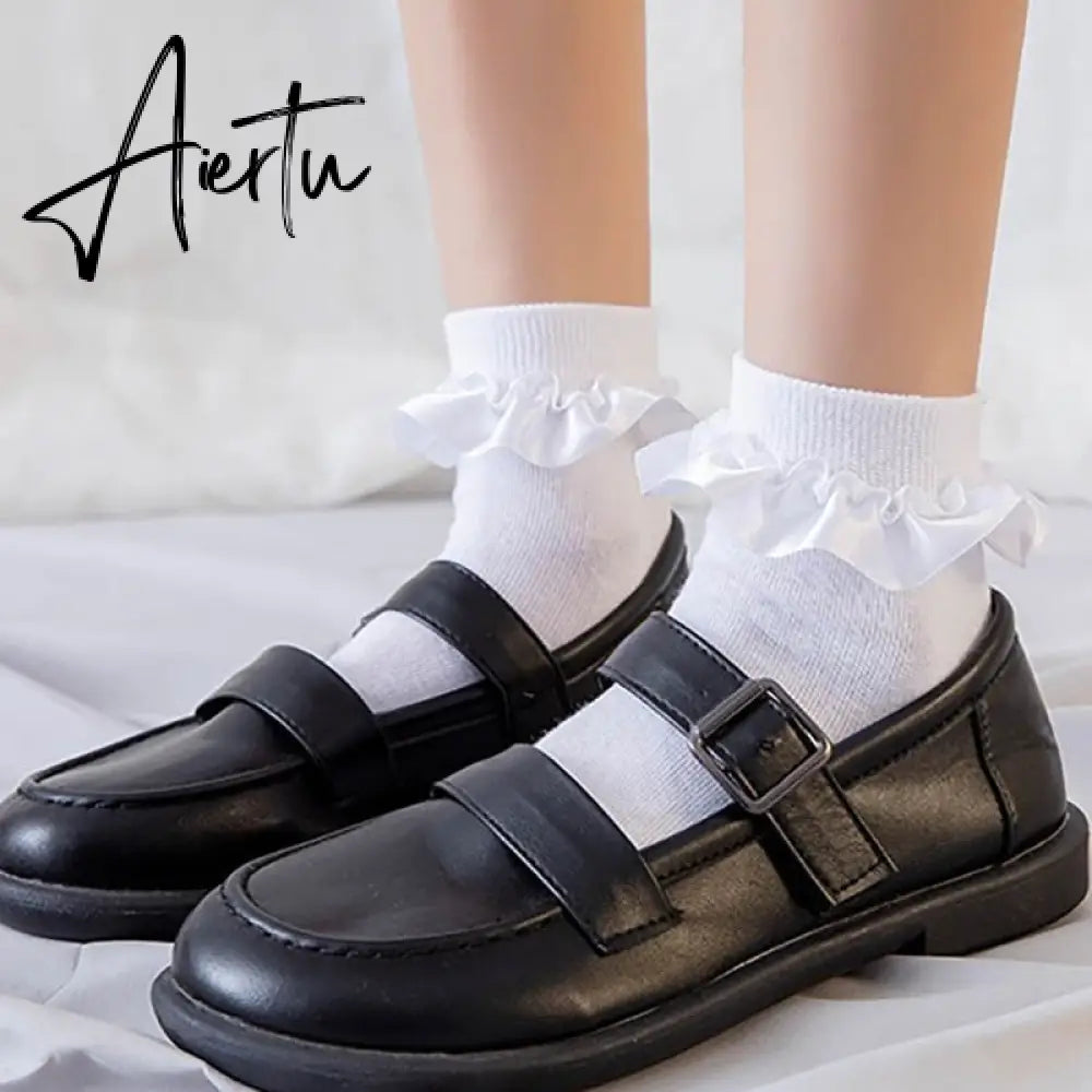Aiertu  Women Lace Mesh Black White Cotton Socks Lolita Style Japanese Maiden Lovely Short Socks Harajuku Frilly Ruffle Princess Socks Aiertu