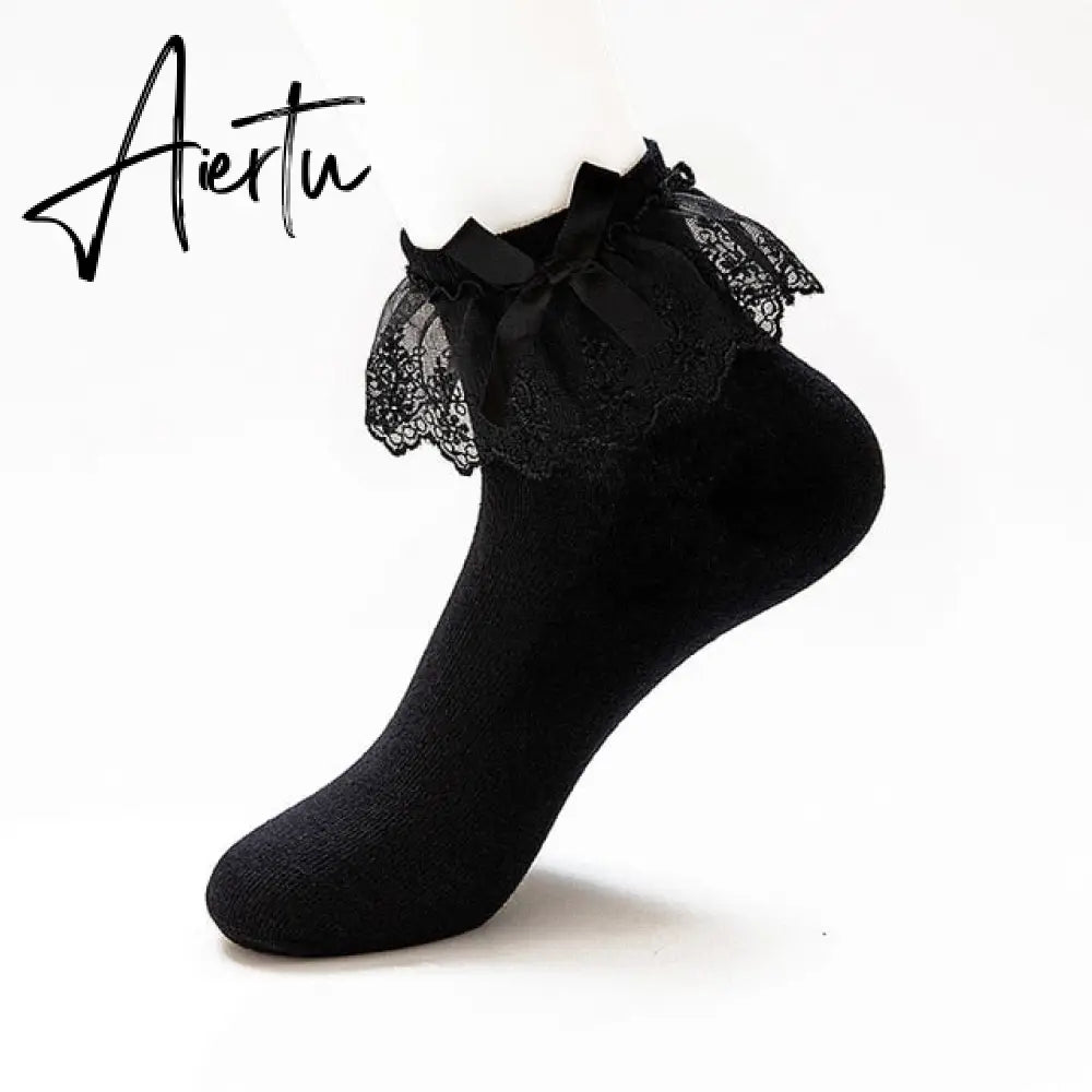 Aiertu  Women Lace Mesh Black White Cotton Socks Lolita Style Japanese Maiden Lovely Short Socks Harajuku Frilly Ruffle Princess Socks Aiertu