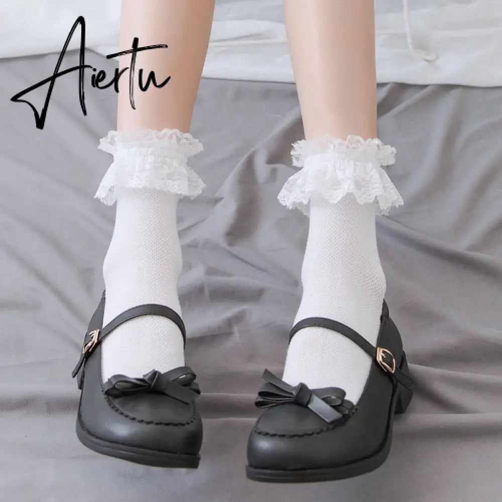 Aiertu  Women Lace Mesh Black White Cotton Socks Lolita Style Japanese Maiden Lovely Short Socks Harajuku Frilly Ruffle Princess Socks Aiertu