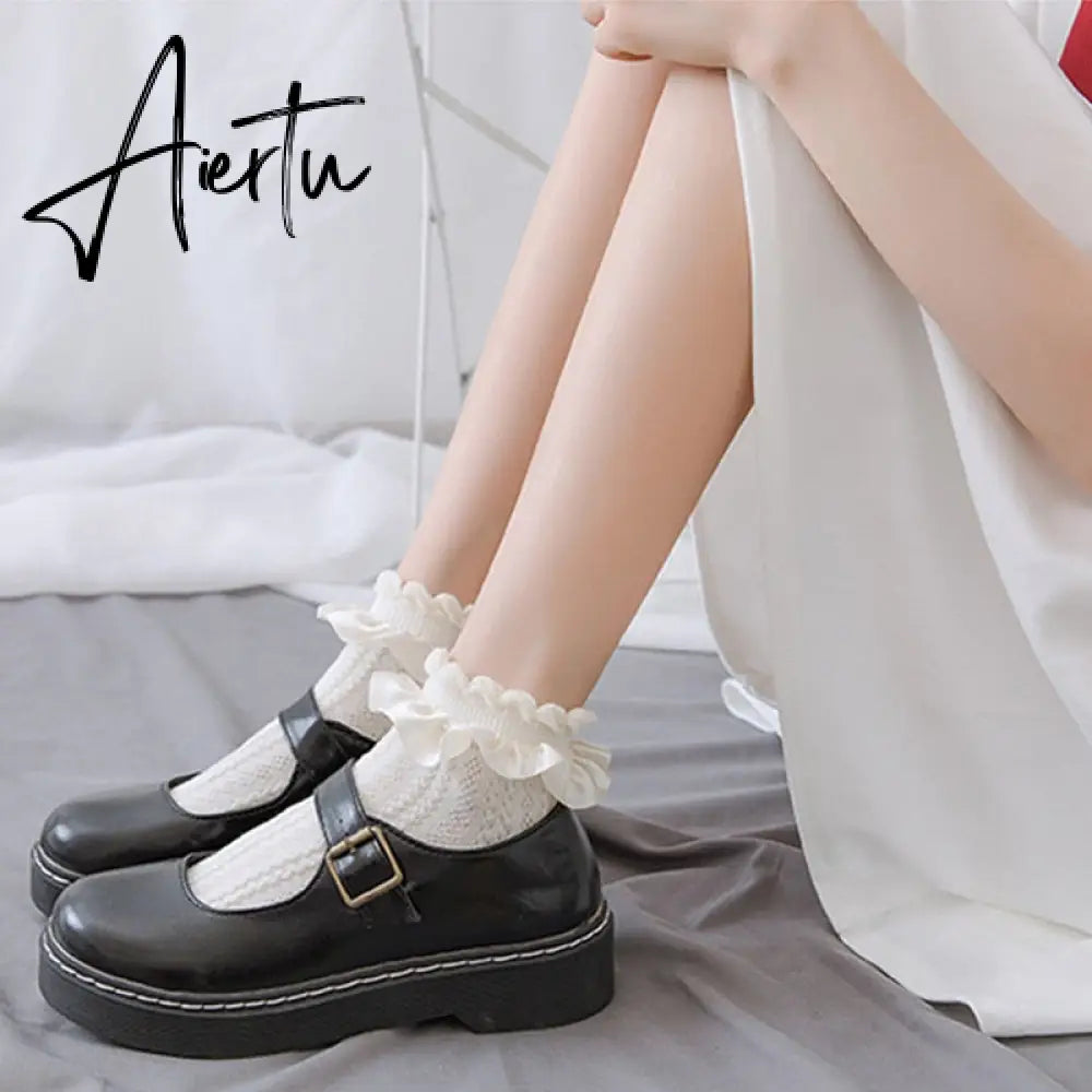 Aiertu  Women Lace Mesh Black White Cotton Socks Lolita Style Japanese Maiden Lovely Short Socks Harajuku Frilly Ruffle Princess Socks Aiertu
