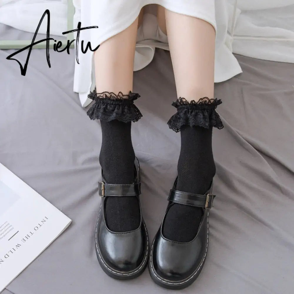Aiertu  Women Lace Mesh Black White Cotton Socks Lolita Style Japanese Maiden Lovely Short Socks Harajuku Frilly Ruffle Princess Socks Aiertu