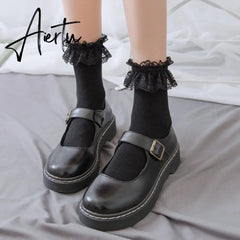 Aiertu  Women Lace Mesh Black White Cotton Socks Lolita Style Japanese Maiden Lovely Short Socks Harajuku Frilly Ruffle Princess Socks Aiertu