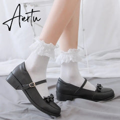 Aiertu  Women Lace Mesh Black White Cotton Socks Lolita Style Japanese Maiden Lovely Short Socks Harajuku Frilly Ruffle Princess Socks Aiertu