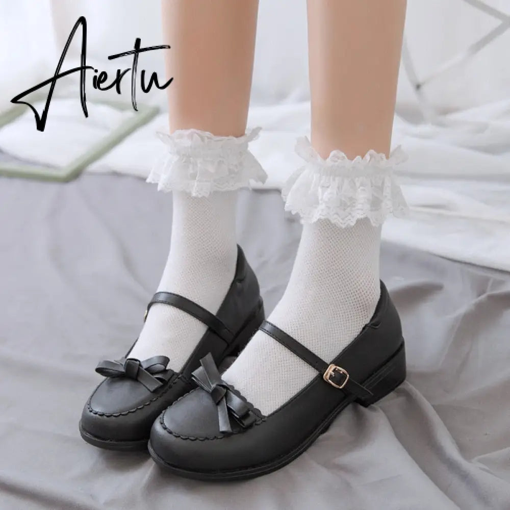 Aiertu  Women Lace Mesh Black White Cotton Socks Lolita Style Japanese Maiden Lovely Short Socks Harajuku Frilly Ruffle Princess Socks Aiertu