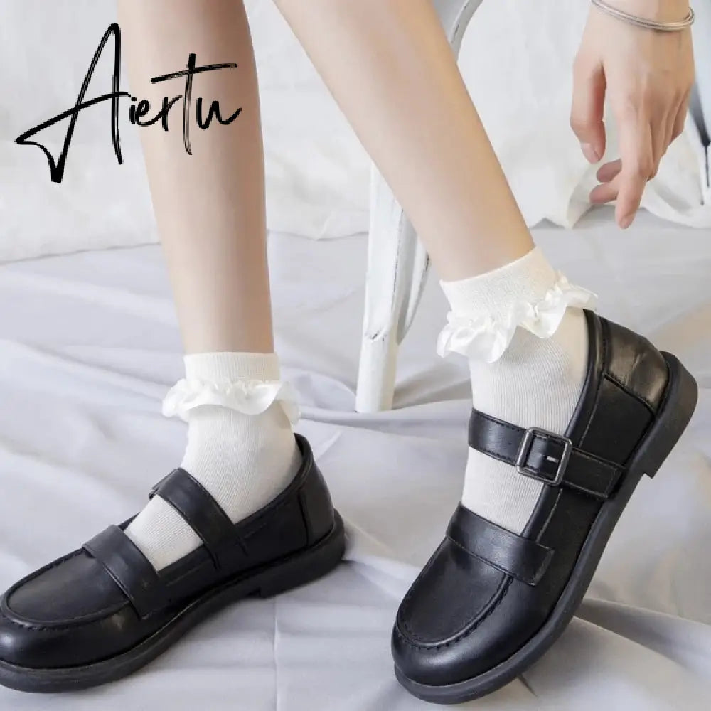 Aiertu  Women Lace Mesh Black White Cotton Socks Lolita Style Japanese Maiden Lovely Short Socks Harajuku Frilly Ruffle Princess Socks Aiertu