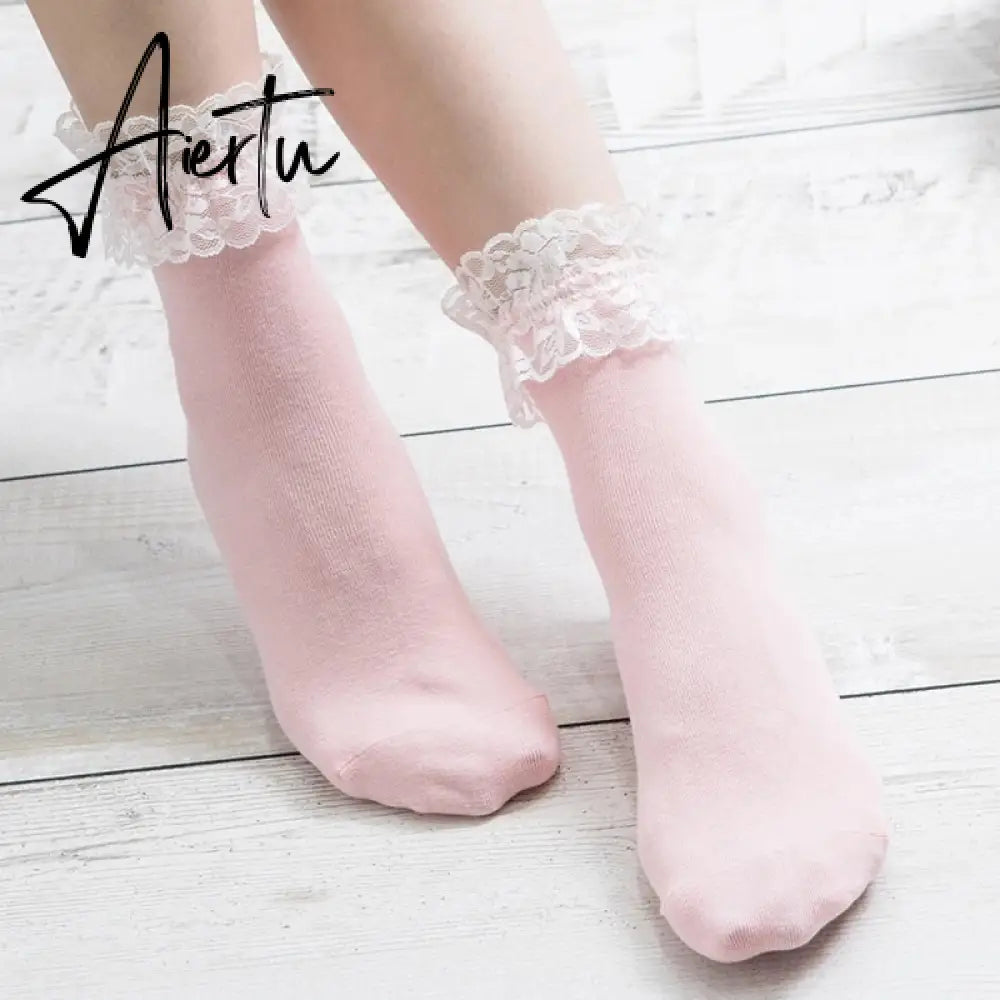 Aiertu  Women Lace Mesh Black White Cotton Socks Lolita Style Japanese Maiden Lovely Short Socks Harajuku Frilly Ruffle Princess Socks Aiertu