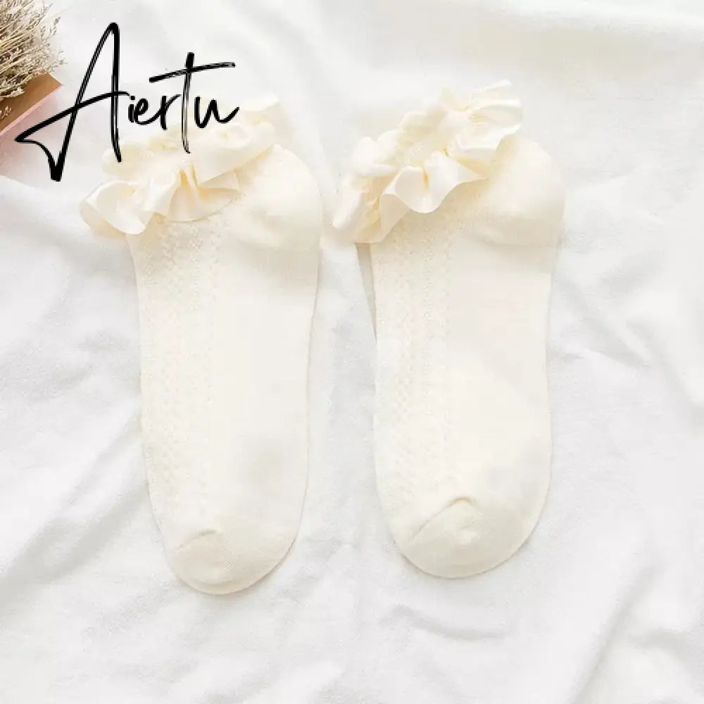 Aiertu  Women Lace Mesh Black White Cotton Socks Lolita Style Japanese Maiden Lovely Short Socks Harajuku Frilly Ruffle Princess Socks Aiertu