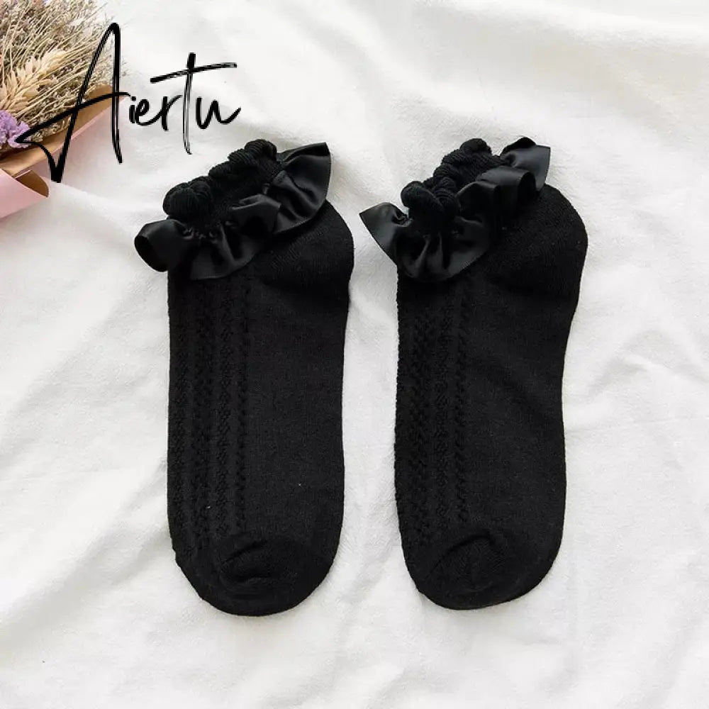 Aiertu  Women Lace Mesh Black White Cotton Socks Lolita Style Japanese Maiden Lovely Short Socks Harajuku Frilly Ruffle Princess Socks Aiertu
