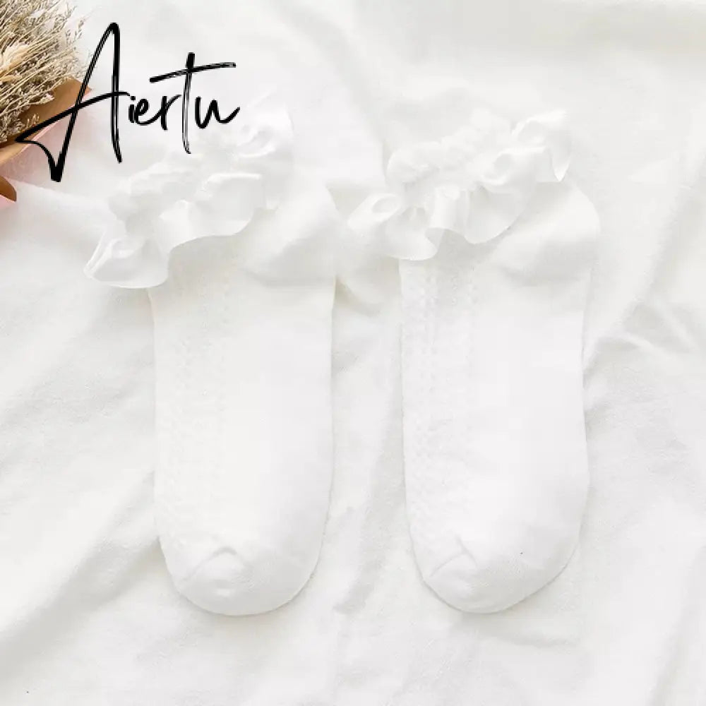 Aiertu  Women Lace Mesh Black White Cotton Socks Lolita Style Japanese Maiden Lovely Short Socks Harajuku Frilly Ruffle Princess Socks Aiertu