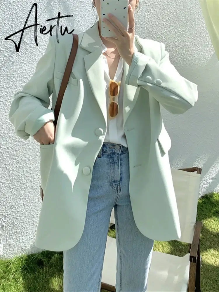 Aiertu Women Long-Sleeved Solid Fashion Jacket Female Casual Single-breasted Blazer Outerwear Office Lady Classic Coat Aiertu