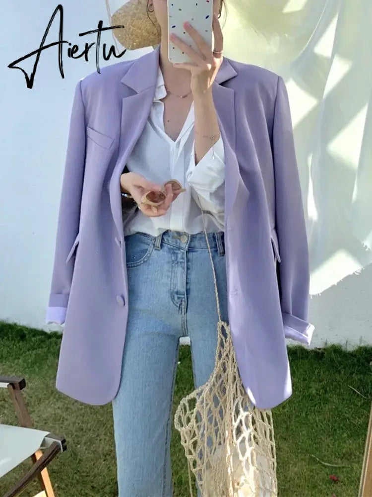 Aiertu Women Long-Sleeved Solid Fashion Jacket Female Casual Single-breasted Blazer Outerwear Office Lady Classic Coat Aiertu