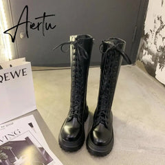 Aiertu Women Motorcycle Boots Wedges Flat Shoes Woman High Heel Platform PU Leather Boots Lace Up Women Shoes Black Boots Girls Aiertu