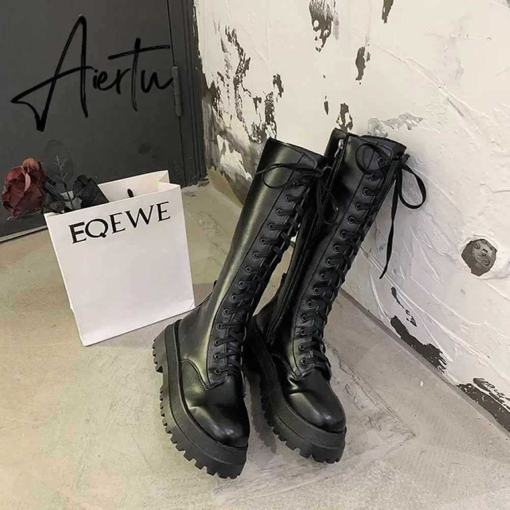 Aiertu Women Motorcycle Boots Wedges Flat Shoes Woman High Heel Platform PU Leather Boots Lace Up Women Shoes Black Boots Girls Aiertu