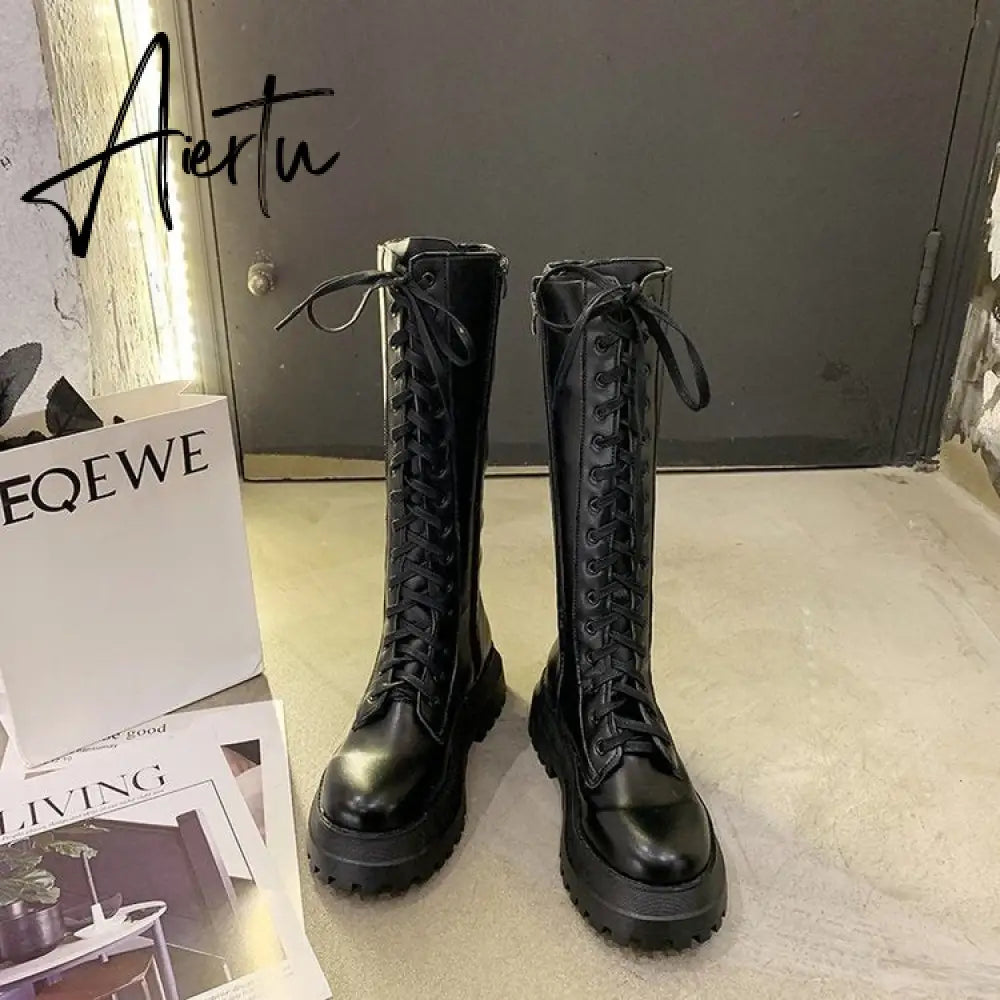 Aiertu Women Motorcycle Boots Wedges Flat Shoes Woman High Heel Platform PU Leather Boots Lace Up Women Shoes Black Boots Girls Aiertu