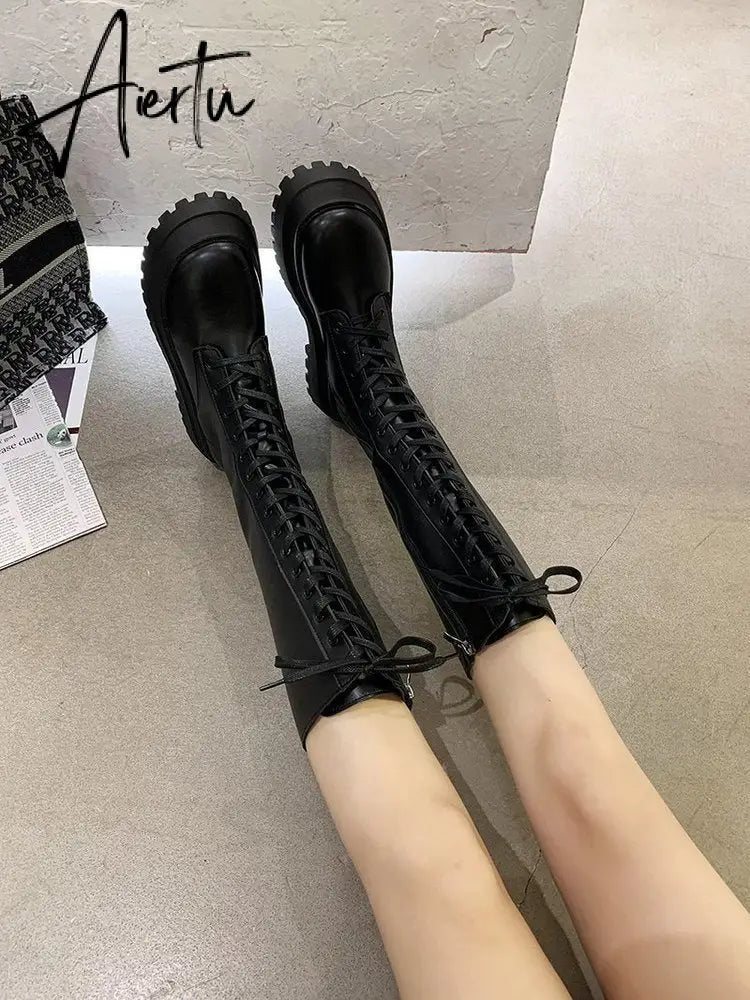 Aiertu Women Motorcycle Boots Wedges Flat Shoes Woman High Heel Platform PU Leather Boots Lace Up Women Shoes Black Boots Girls Aiertu