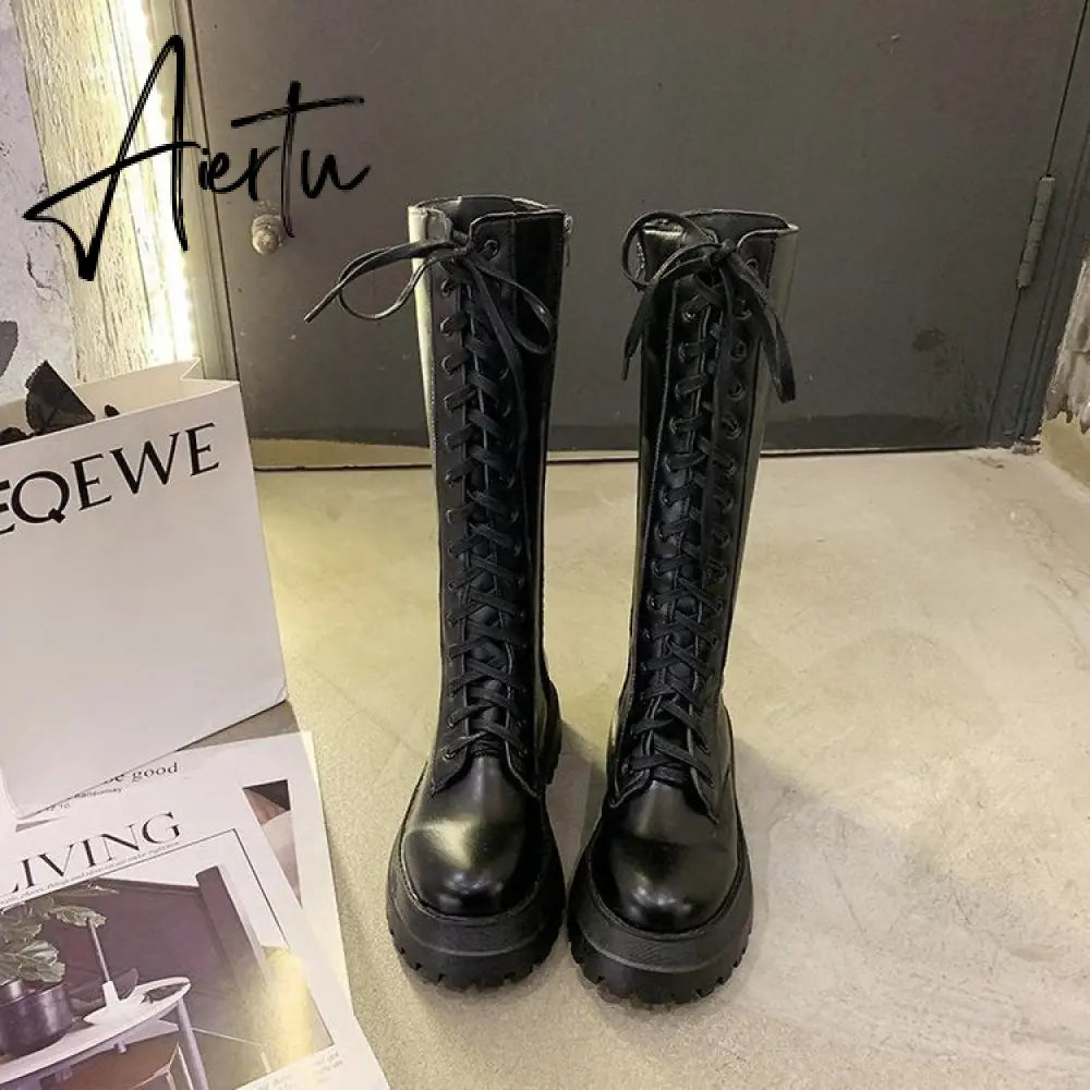 Aiertu Women Motorcycle Boots Wedges Flat Shoes Woman High Heel Platform PU Leather Boots Lace Up Women Shoes Black Boots Girls Aiertu