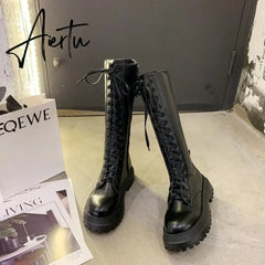 Aiertu Women Motorcycle Boots Wedges Flat Shoes Woman High Heel Platform PU Leather Boots Lace Up Women Shoes Black Boots Girls Aiertu