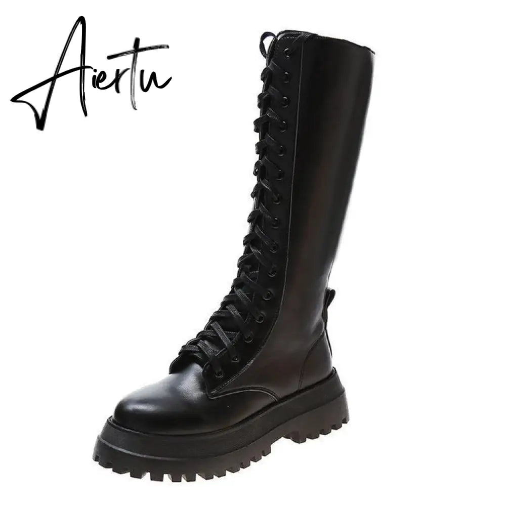 Aiertu Women Motorcycle Boots Wedges Flat Shoes Woman High Heel Platform PU Leather Boots Lace Up Women Shoes Black Boots Girls Aiertu