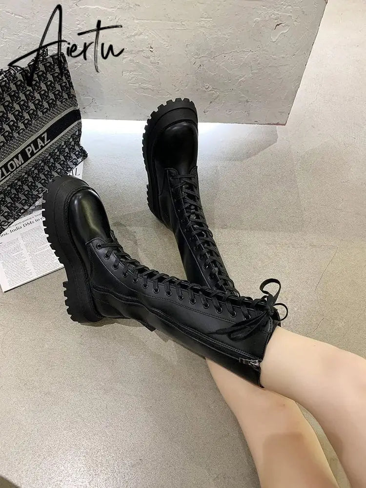Aiertu Women Motorcycle Boots Wedges Flat Shoes Woman High Heel Platform PU Leather Boots Lace Up Women Shoes Black Boots Girls Aiertu