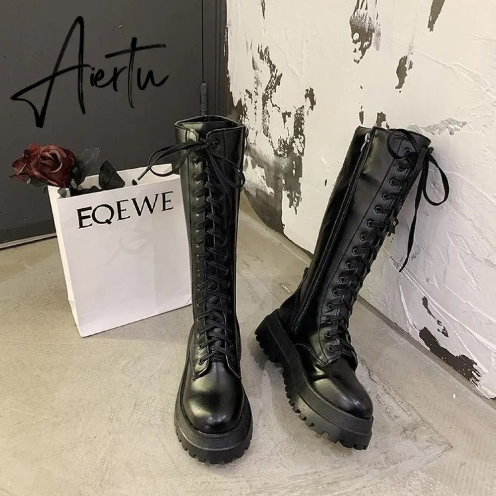 Aiertu Women Motorcycle Boots Wedges Flat Shoes Woman High Heel Platform PU Leather Boots Lace Up Women Shoes Black Boots Girls Aiertu