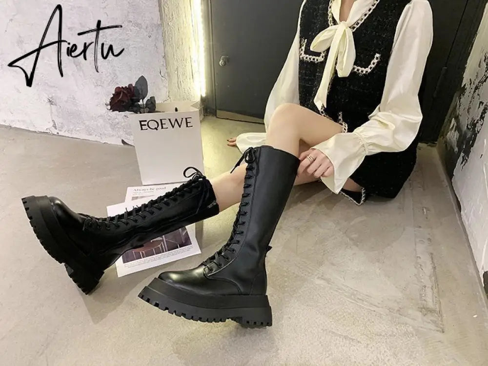 Aiertu Women Motorcycle Boots Wedges Flat Shoes Woman High Heel Platform PU Leather Boots Lace Up Women Shoes Black Boots Girls Aiertu