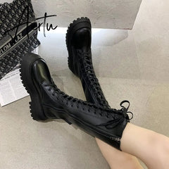 Aiertu Women Motorcycle Boots Wedges Flat Shoes Woman High Heel Platform PU Leather Boots Lace Up Women Shoes Black Boots Girls Aiertu