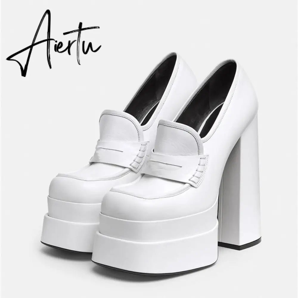 Aiertu  Women New High Waterproof Heels Pumps Square Toe Genuine Leather Platform Slip-On Shoes Lady Casual Sexy Shoes Big Size 34-43 Aiertu
