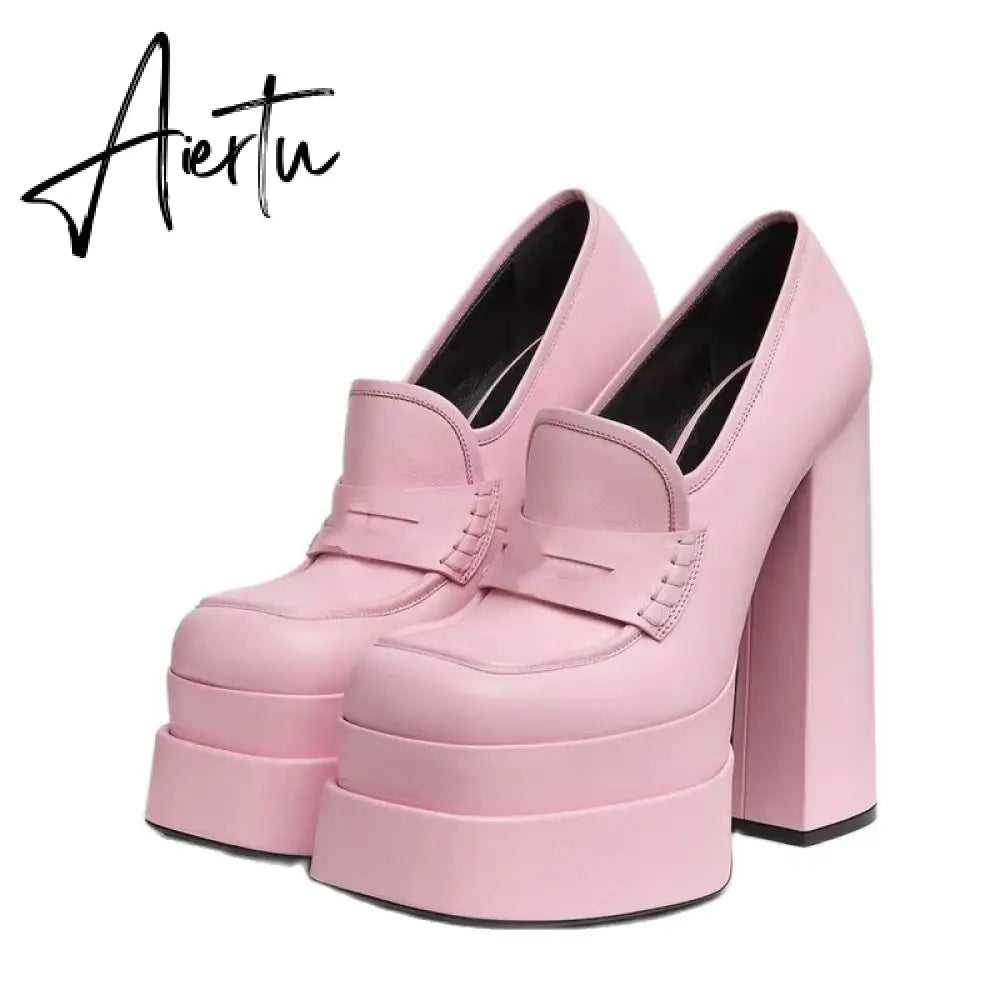 Aiertu  Women New High Waterproof Heels Pumps Square Toe Genuine Leather Platform Slip-On Shoes Lady Casual Sexy Shoes Big Size 34-43 Aiertu
