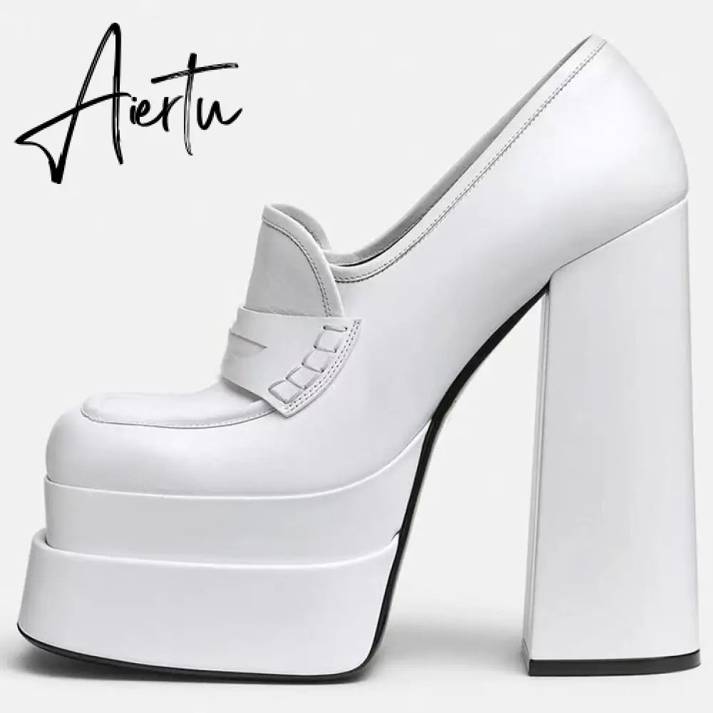 Aiertu  Women New High Waterproof Heels Pumps Square Toe Genuine Leather Platform Slip-On Shoes Lady Casual Sexy Shoes Big Size 34-43 Aiertu