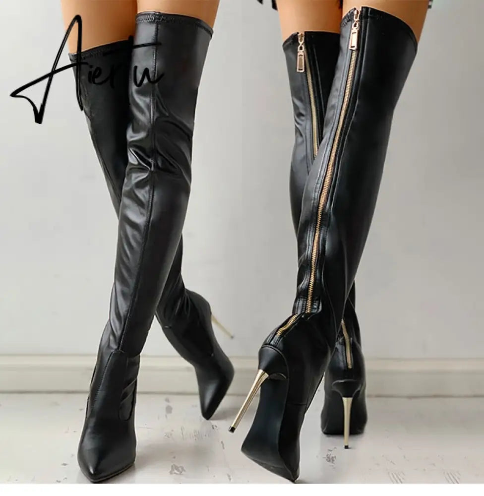 Aiertu  Women Over The Knee Boots Female Zip Sexy Black Long Boots Woman Thin Heel Ladies Pointed Toe Party Boots Women's Autumn Shoes Aiertu
