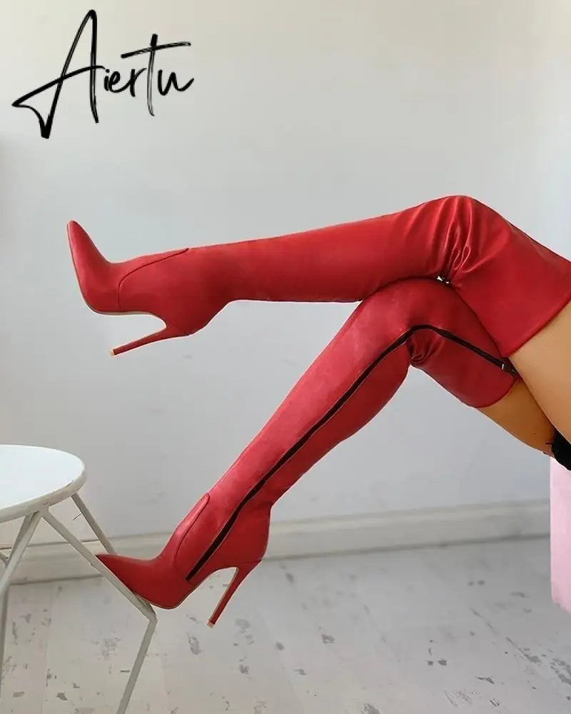 Aiertu  Women Over The Knee Boots Female Zip Sexy Black Long Boots Woman Thin Heel Ladies Pointed Toe Party Boots Women's Autumn Shoes Aiertu