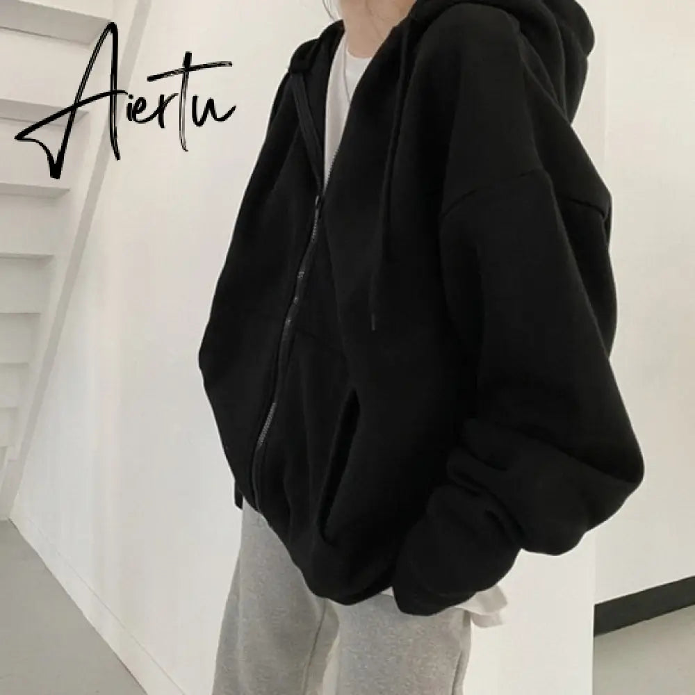 Aiertu Women Oversized Hoodies Autumn Casual Solid Zipper Sweatshirts Korean Version Loose Thin Long-sleeved Hooded Female Jacket Coat Aiertu