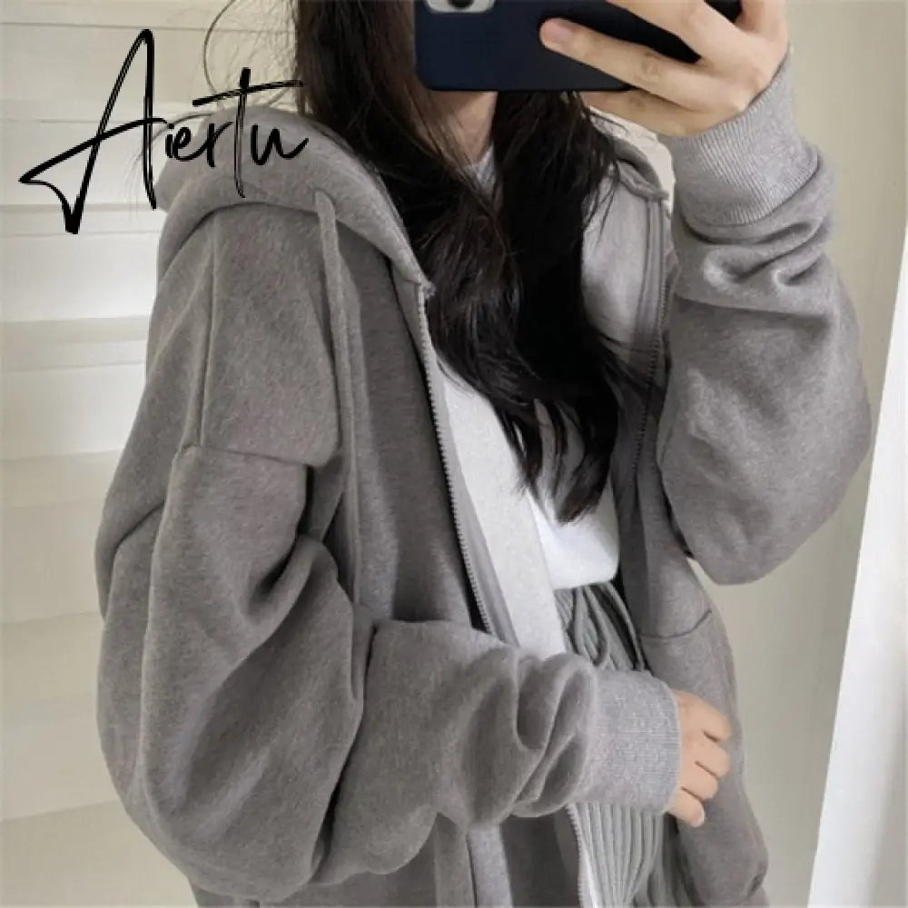 Aiertu Women Oversized Hoodies Autumn Casual Solid Zipper Sweatshirts Korean Version Loose Thin Long-sleeved Hooded Female Jacket Coat Aiertu