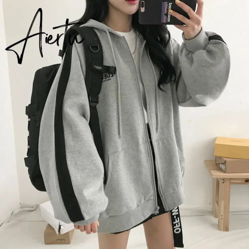 Aiertu Women Oversized Hoodies Autumn Casual Solid Zipper Sweatshirts Korean Version Loose Thin Long-sleeved Hooded Female Jacket Coat Aiertu