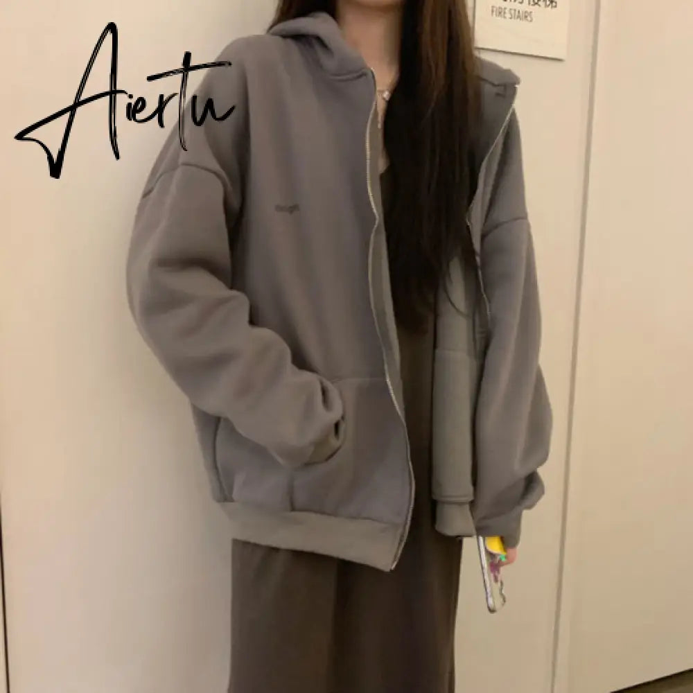 Aiertu Women Oversized Hoodies Autumn Casual Solid Zipper Sweatshirts Korean Version Loose Thin Long-sleeved Hooded Female Jacket Coat Aiertu