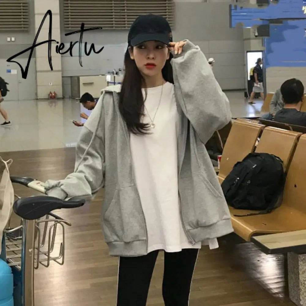 Aiertu Women Oversized Hoodies Autumn Casual Solid Zipper Sweatshirts Korean Version Loose Thin Long-sleeved Hooded Female Jacket Coat Aiertu