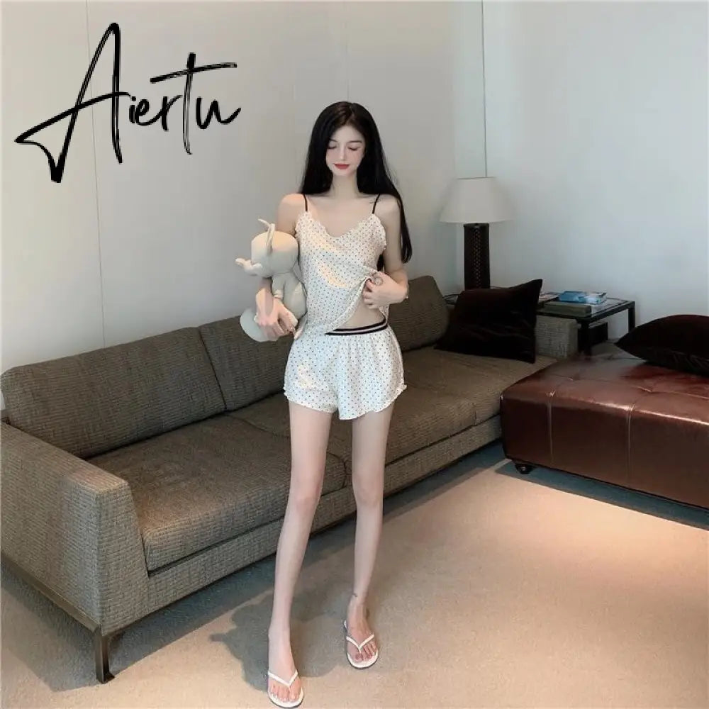 Aiertu Women Pajamas 2Pcs New Summer Sexy V-Neck Sweet Vest Shorts Homewear Girls Suit Wave Point Pajamas Ladies Sleepwear Lingerie Aiertu