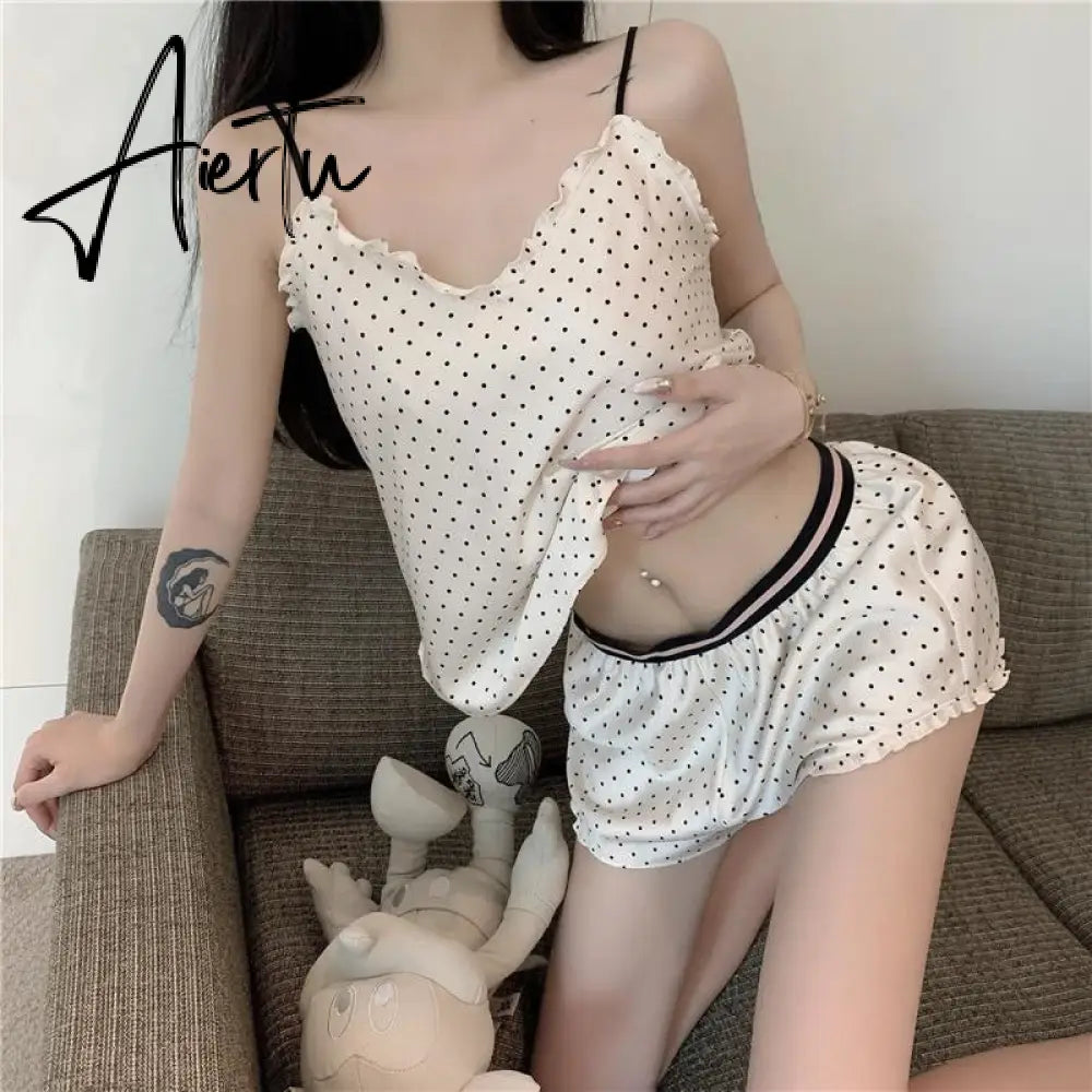 Aiertu Women Pajamas 2Pcs New Summer Sexy V-Neck Sweet Vest Shorts Homewear Girls Suit Wave Point Pajamas Ladies Sleepwear Lingerie Aiertu
