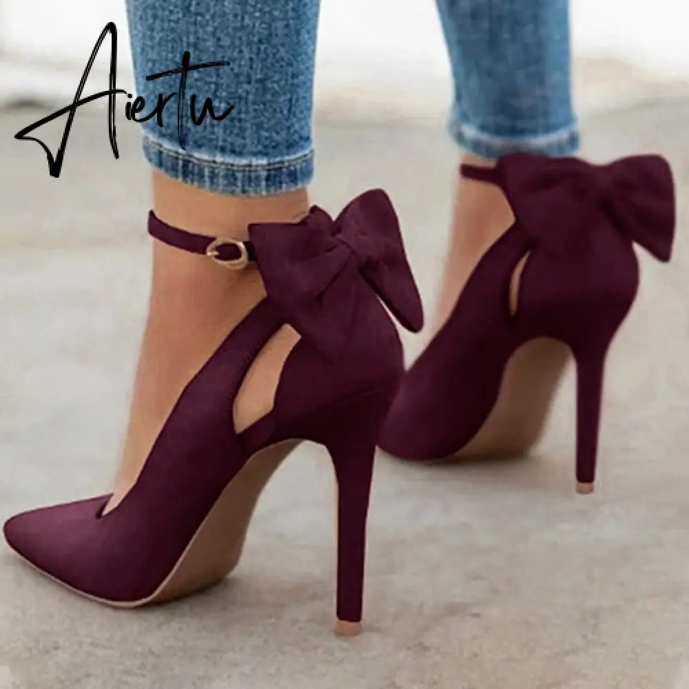 Aiertu Women Pointed Toe High Heels Woman Thin Heels Ladies Sexy Pumps Ladies Buckle Strap Female Fashion Bowknot Shoes Plus Size 34-43 Aiertu