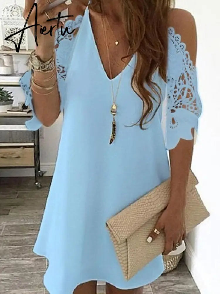 Aiertu Women's Lace Splicing Dress V-neck Off Shoulder Sling Mini Dress Solid Color Casual  Hollow out Sleeve Dress Aiertu