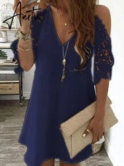 Aiertu Women's Lace Splicing Dress V-neck Off Shoulder Sling Mini Dress Solid Color Casual  Hollow out Sleeve Dress Aiertu