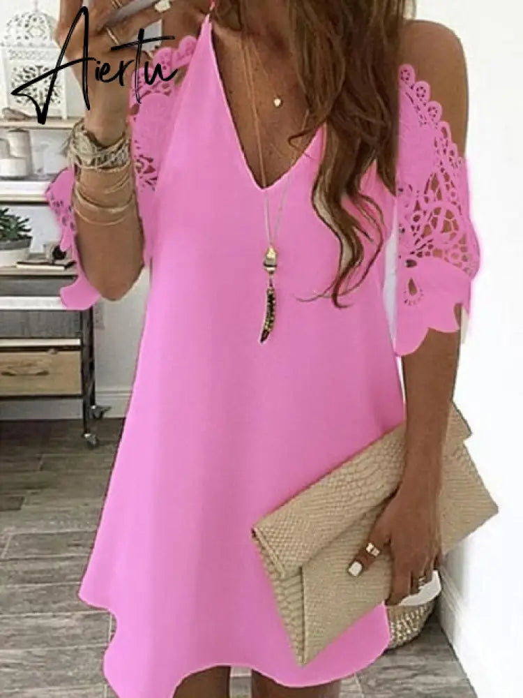 Aiertu Women's Lace Splicing Dress V-neck Off Shoulder Sling Mini Dress Solid Color Casual  Hollow out Sleeve Dress Aiertu