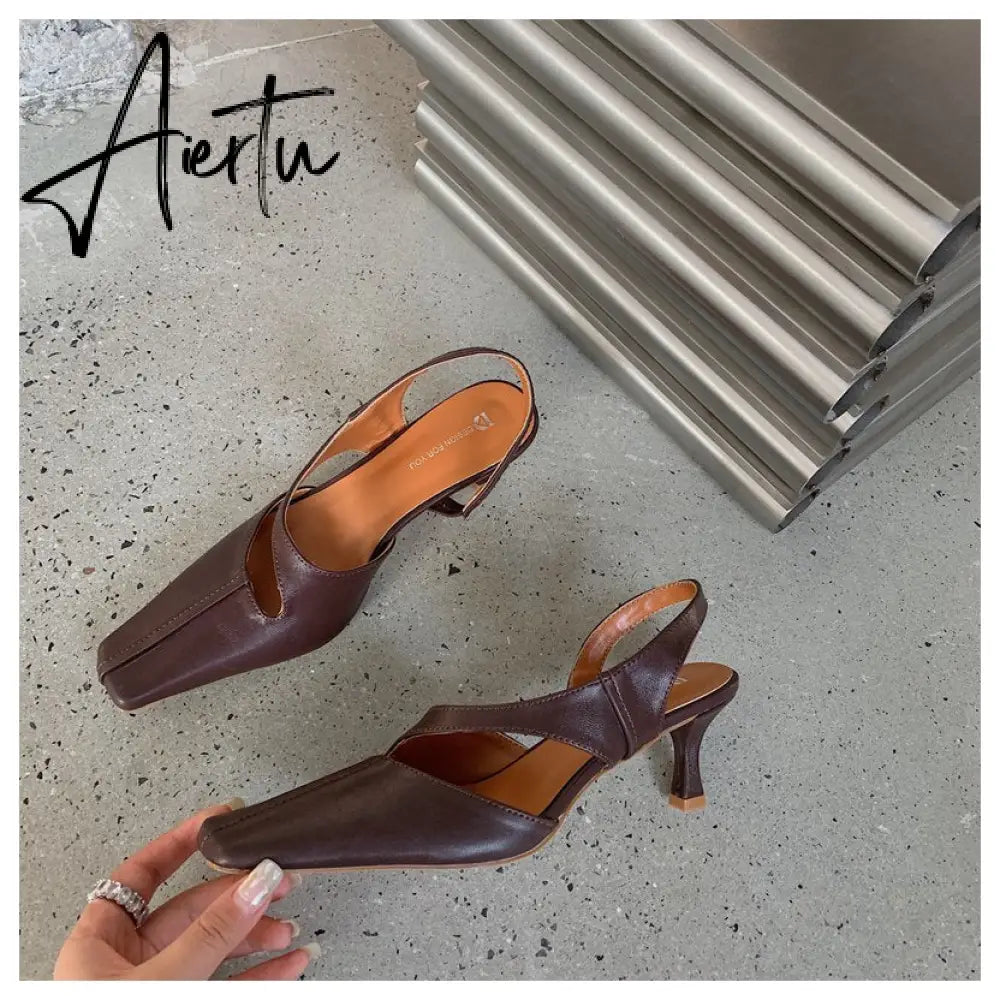Aiertu Women Sandals Fashion Hollow Elegant High Heels Square Toe Mule Shoes Slip On Shallow Comfort Commute Casual Ladies Shoes  Pumps Aiertu