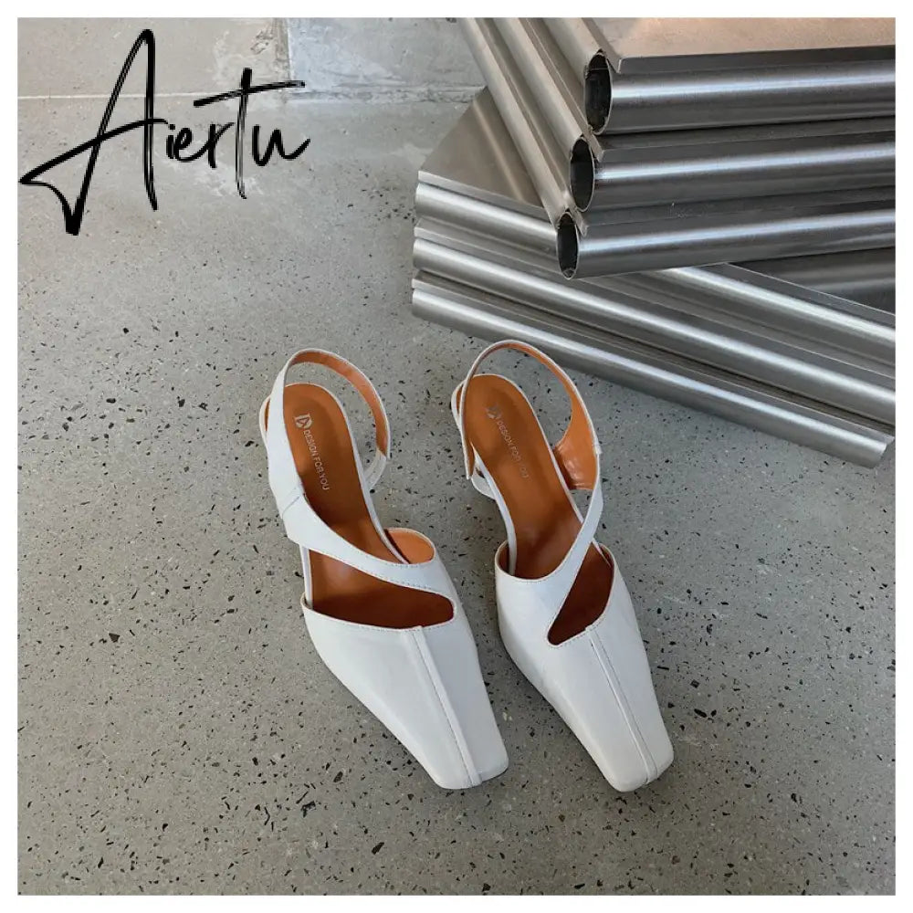 Aiertu Women Sandals Fashion Hollow Elegant High Heels Square Toe Mule Shoes Slip On Shallow Comfort Commute Casual Ladies Shoes  Pumps Aiertu